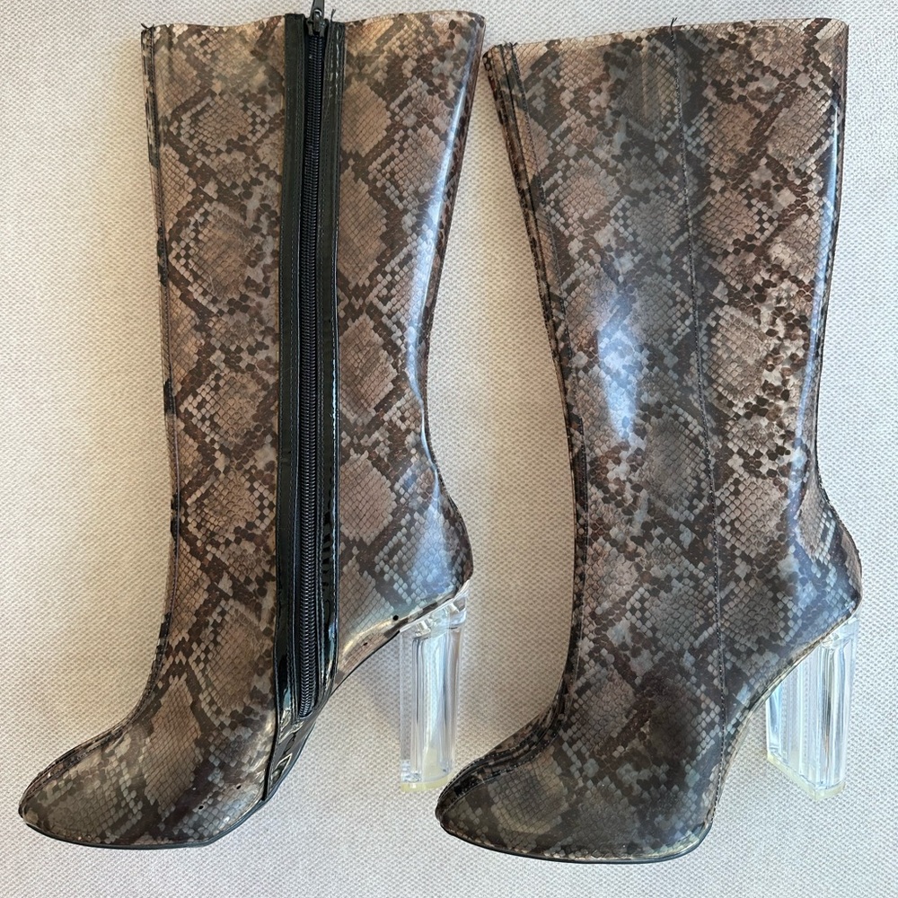 Snakeskin Mid-Calf Boots with Clear Block Heel – Size 38 (US 7.5–8)